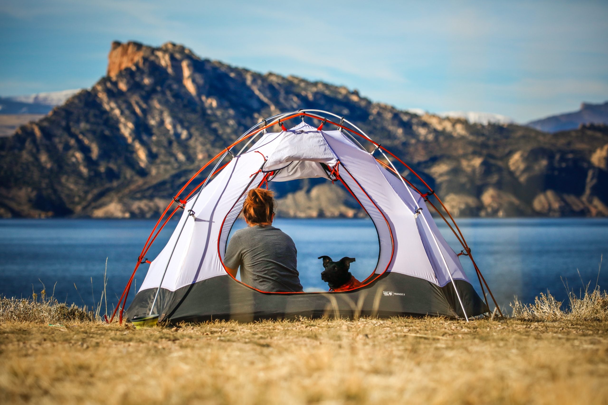 Woman with her dog inside a tent looking at a lake and mountain